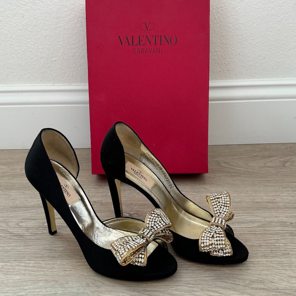 VALENTINO Black Satin D'Orsay Heels w/ Rhinestone Bows - EU 38.5